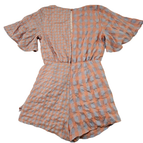 Talulah Women's Peach‎ & Blue Gingham Wrap Tie Waist Short Sleeve Romper. Size M - Picture 6 of 13